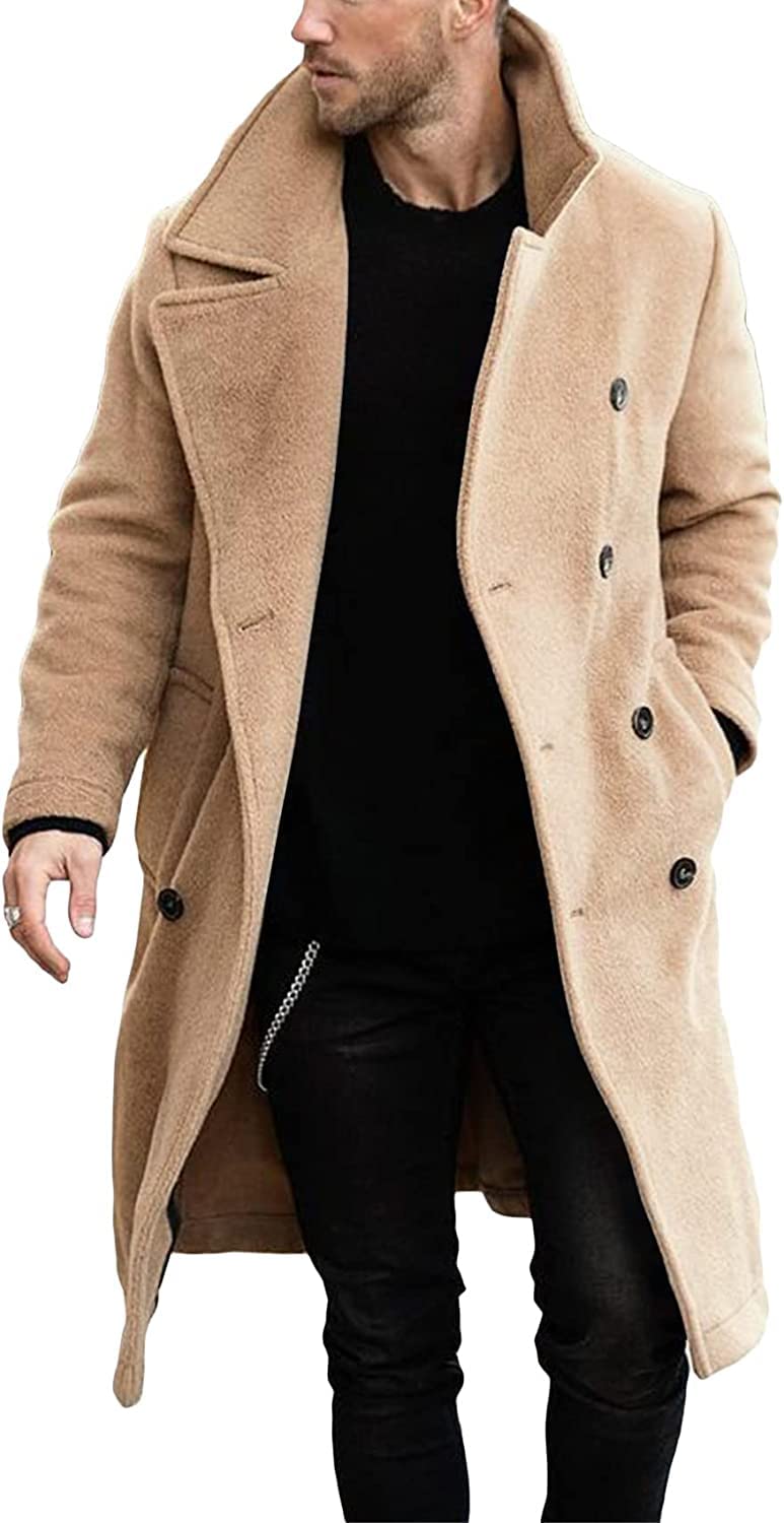 Runcati Men's Coat Regular Fit Trench Coat Long Lapel Double Breasted Wool Business Jacket Winter Peacoat