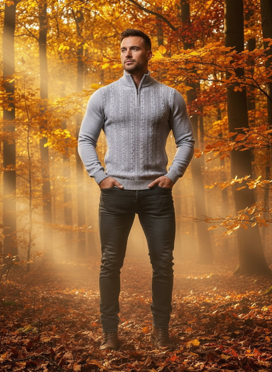 Pullover da uomo in maglia con mezza zip, maniche lunghe, slim fit, casual