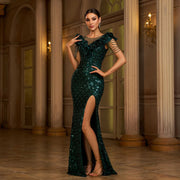 Round Neck Beads Banquet Sequined Slit Evening Dress Dress