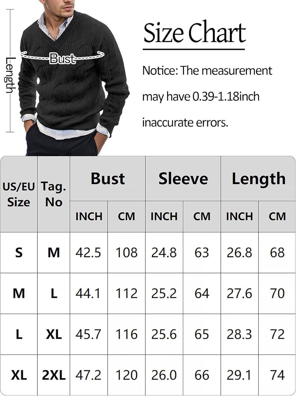 AIEOE Men's Knitted Sweater V-Neck Slim Fit Cable Knit Sweater
