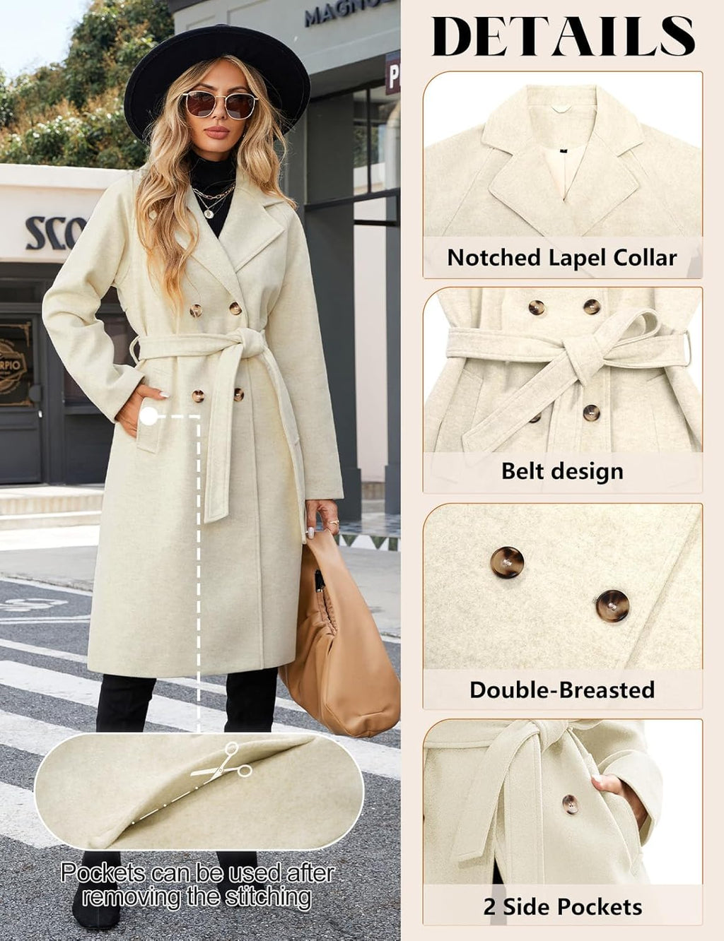 Yuson Girl Women's Winter Long Elegant Warm Coats Autumn Winter Lapel Double Breasted Classic Trench Coat with Belt and Pockets