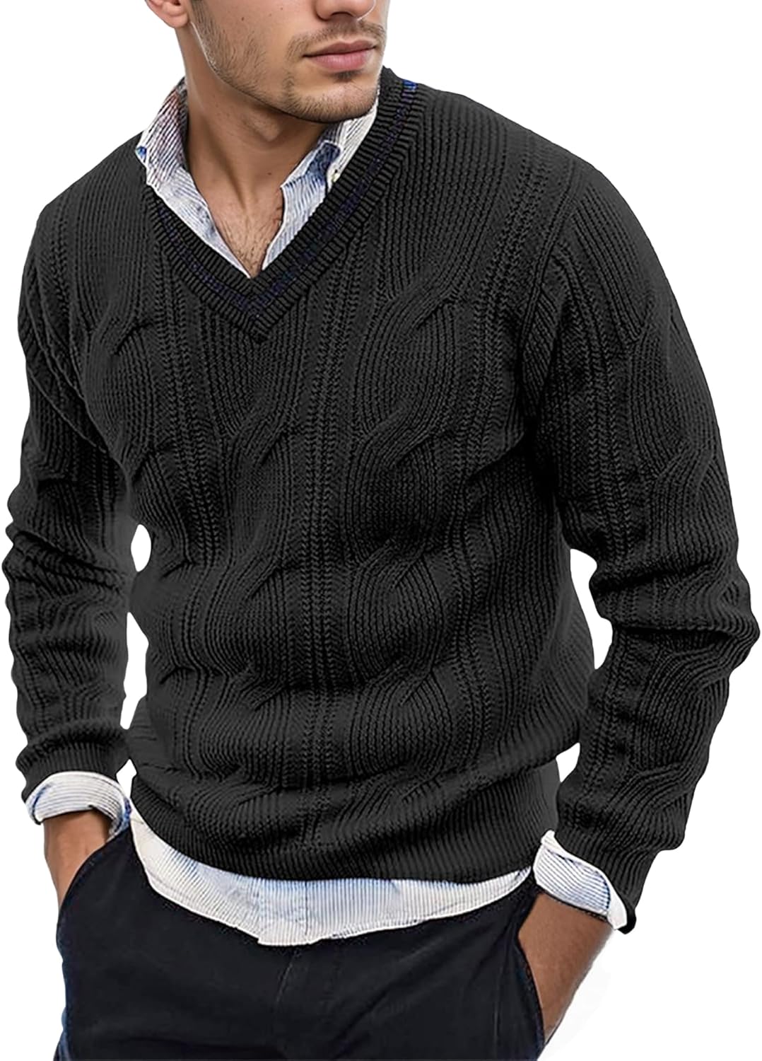AIEOE Men's Knitted Sweater V-Neck Slim Fit Cable Knit Sweater