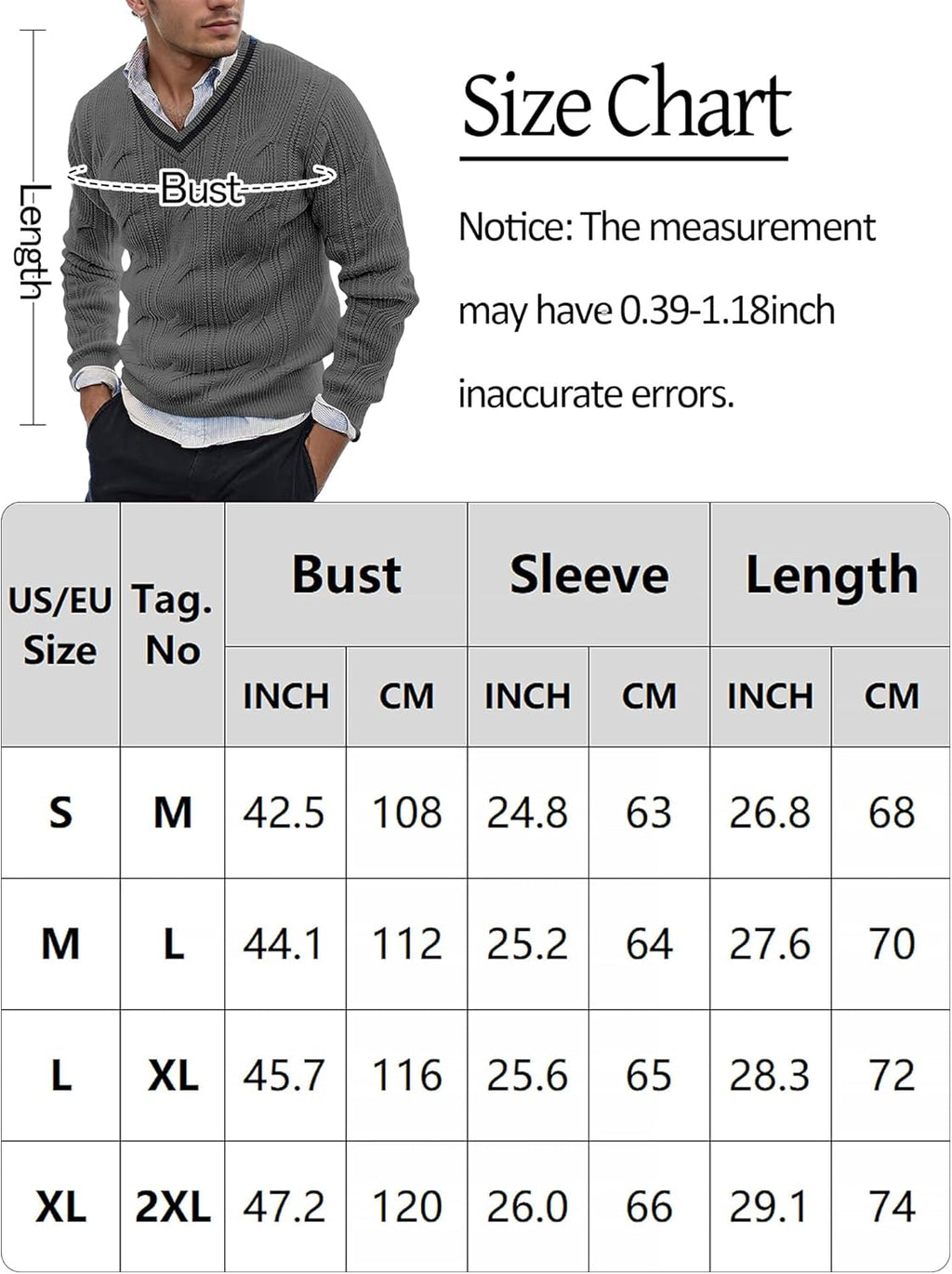 AIEOE Men's Knitted Sweater V-Neck Slim Fit Cable Knit Sweater
