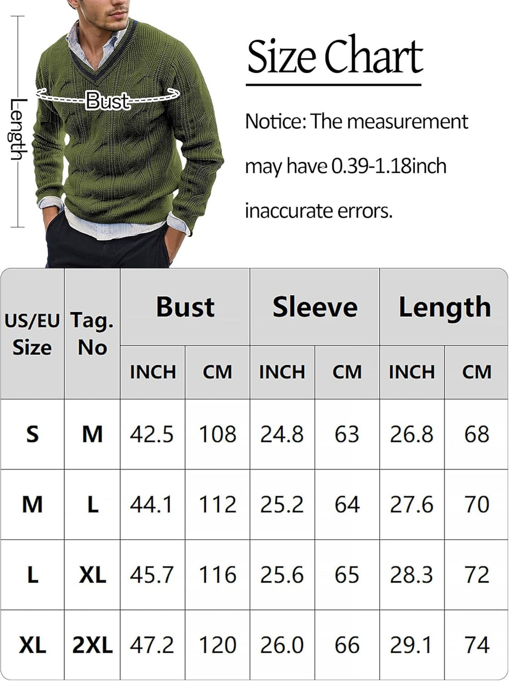 AIEOE Men's Knitted Sweater V-Neck Slim Fit Cable Knit Sweater