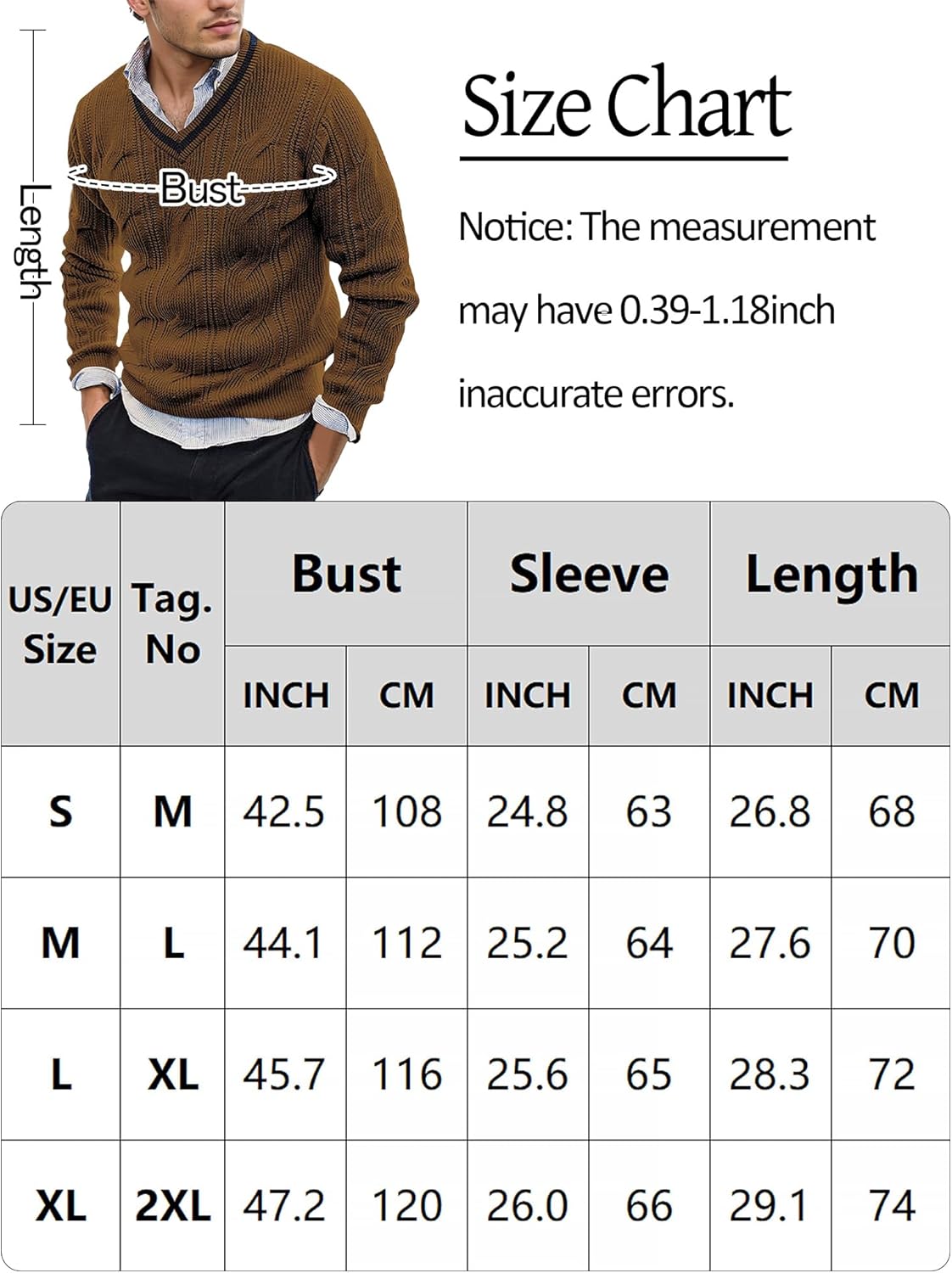 AIEOE Men's Knitted Sweater V-Neck Slim Fit Cable Knit Sweater