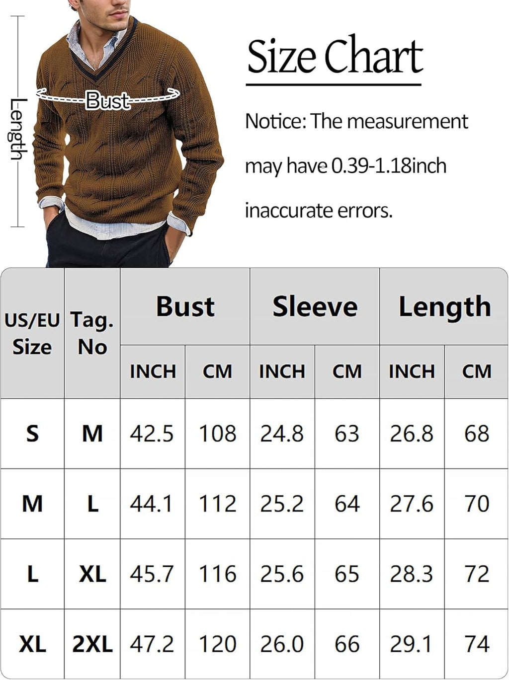 AIEOE Men's Knitted Sweater V-Neck Slim Fit Cable Knit Sweater