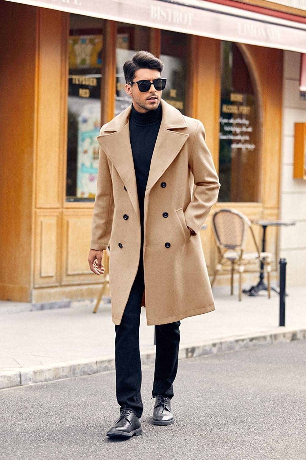 Runcati Men's Coat Regular Fit Trench Coat Long Lapel Double Breasted Wool Business Jacket Winter Peacoat