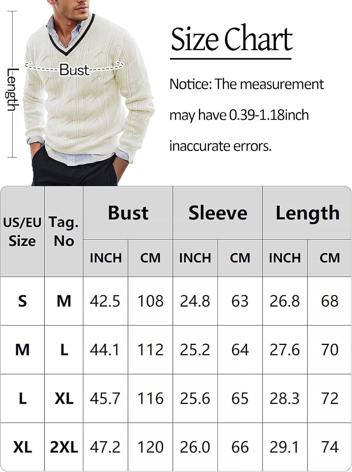 AIEOE Men's Knitted Sweater V-Neck Slim Fit Cable Knit Sweater