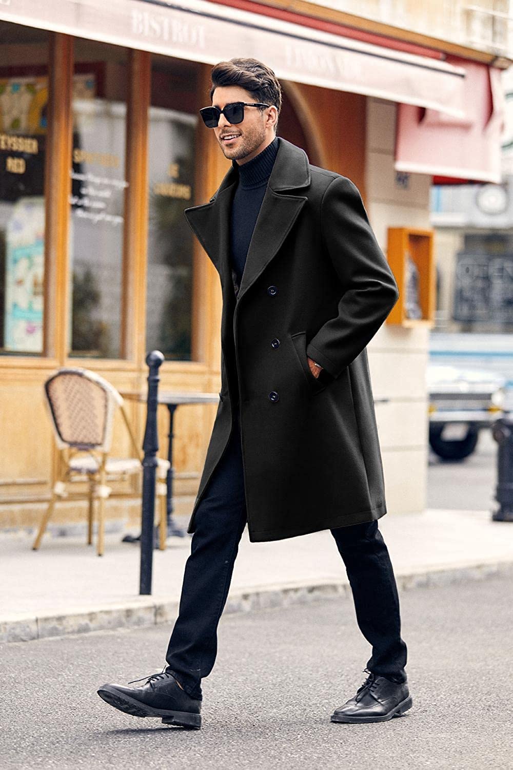 Runcati Men's Coat Regular Fit Trench Coat Long Lapel Double Breasted Wool Business Jacket Winter Peacoat