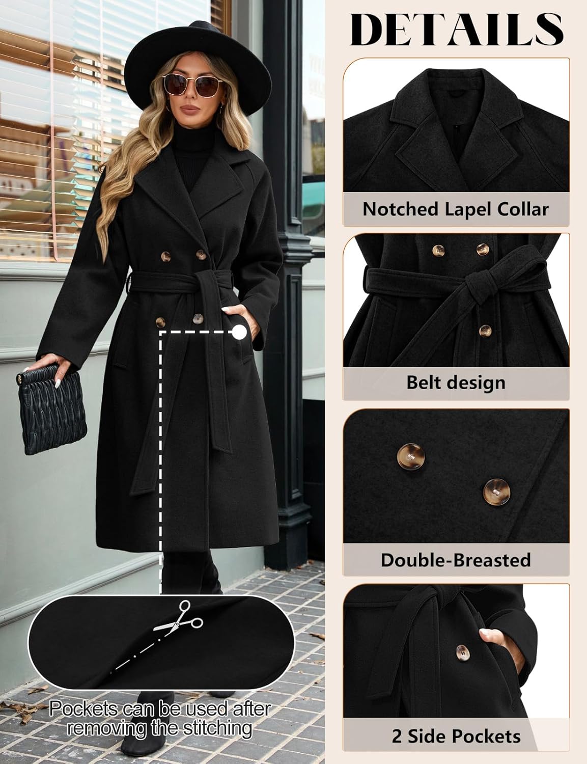 Yuson Girl Women's Winter Long Elegant Warm Coats Autumn Winter Lapel Double Breasted Classic Trench Coat with Belt and Pockets