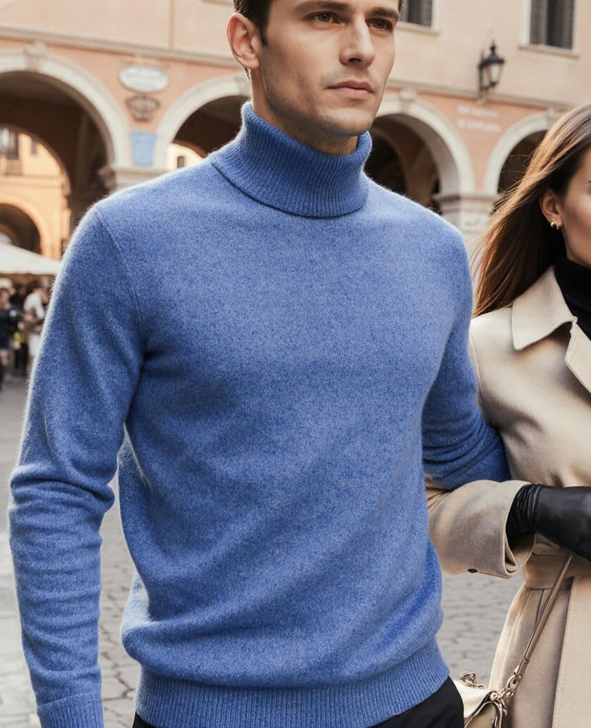 Cashmere Zone - Turtleneck Men's Winter Pullover Sweater Long Sleeve High Neck Warm Made of 5% Cashmere 25% Wool, 30% Viscose and 40% Polyamide