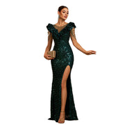 Round Neck Beads Banquet Sequined Slit Evening Dress Dress