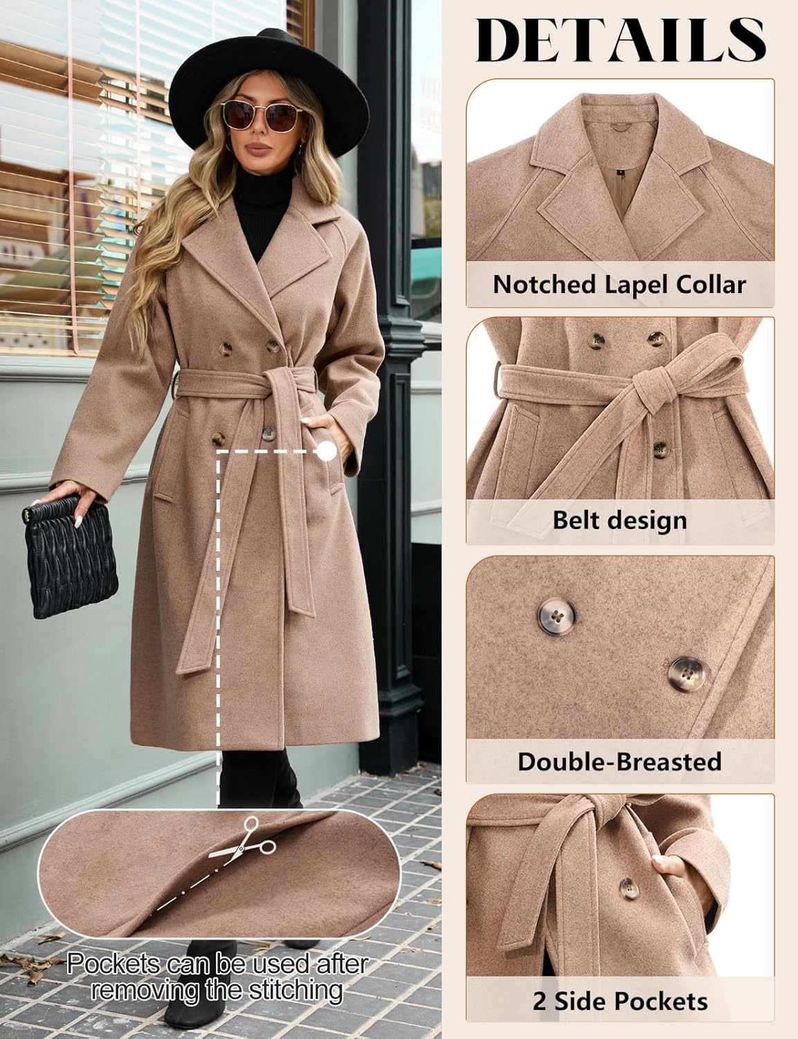 Yuson Girl Women's Winter Long Elegant Warm Coats Autumn Winter Lapel Double Breasted Classic Trench Coat with Belt and Pockets