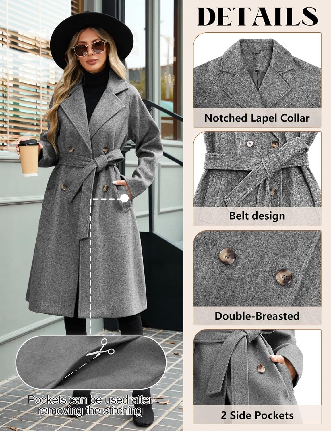 Yuson Girl Women's Winter Long Elegant Warm Coats Autumn Winter Lapel Double Breasted Classic Trench Coat with Belt and Pockets