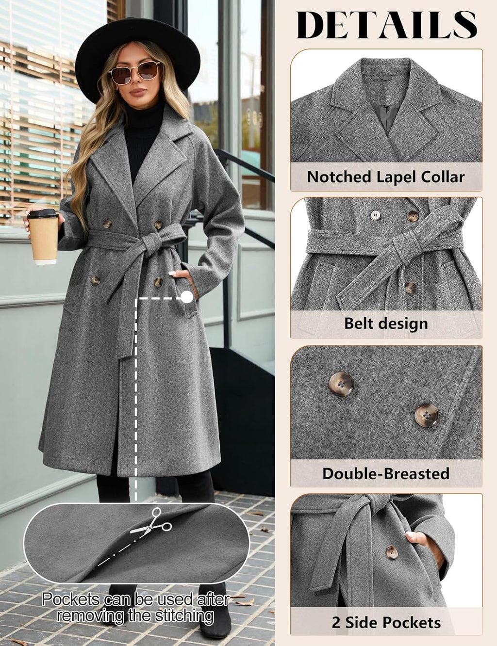 Yuson Girl Women's Winter Long Elegant Warm Coats Autumn Winter Lapel Double Breasted Classic Trench Coat with Belt and Pockets