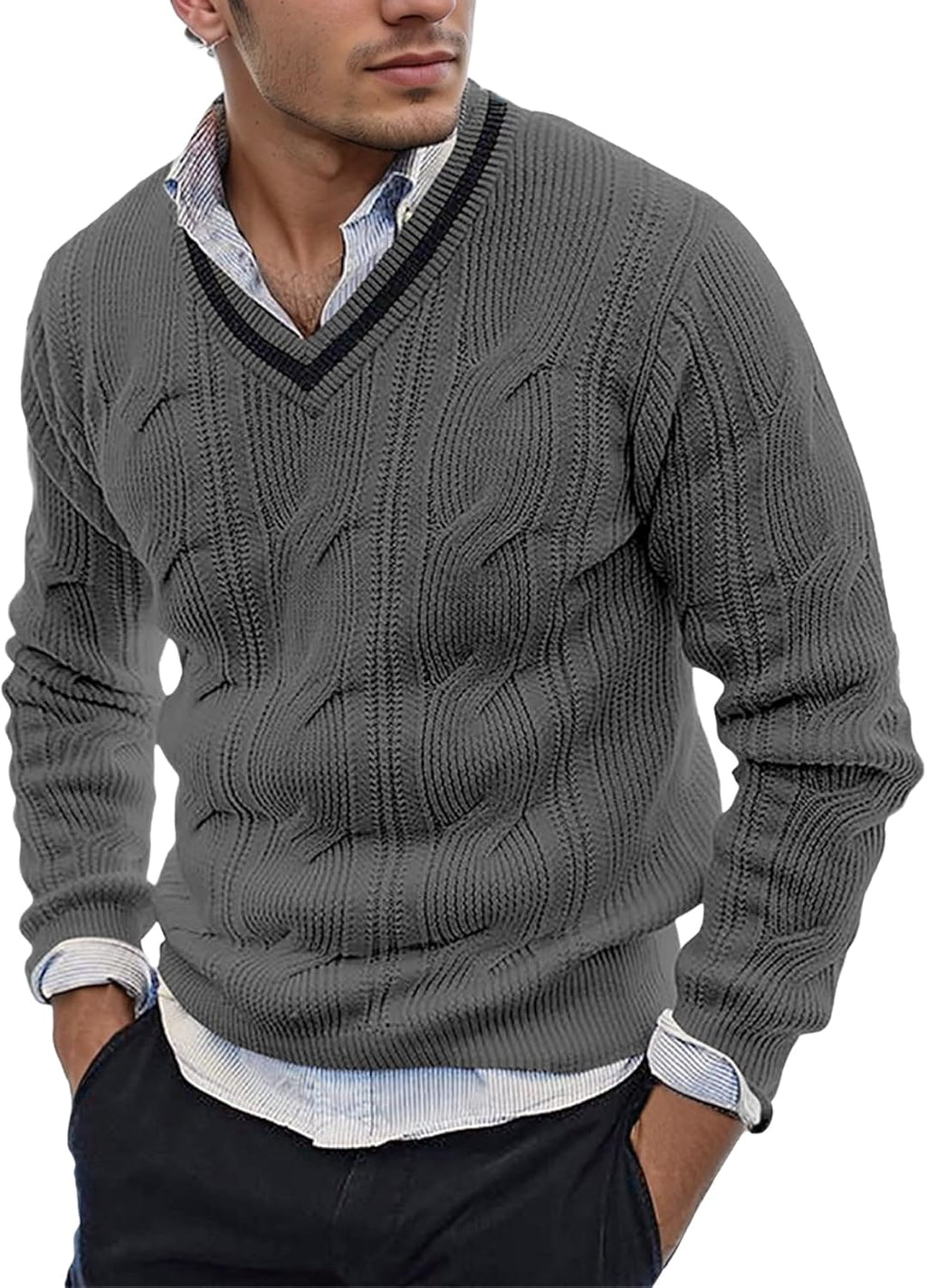 AIEOE Men's Knitted Sweater V-Neck Slim Fit Cable Knit Sweater