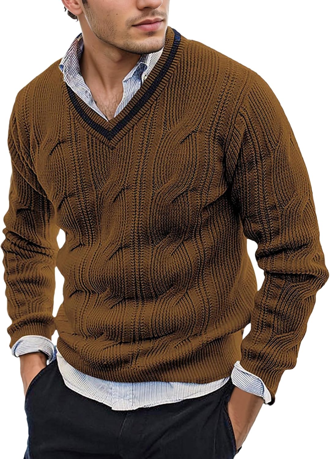 AIEOE Men's Knitted Sweater V-Neck Slim Fit Cable Knit Sweater