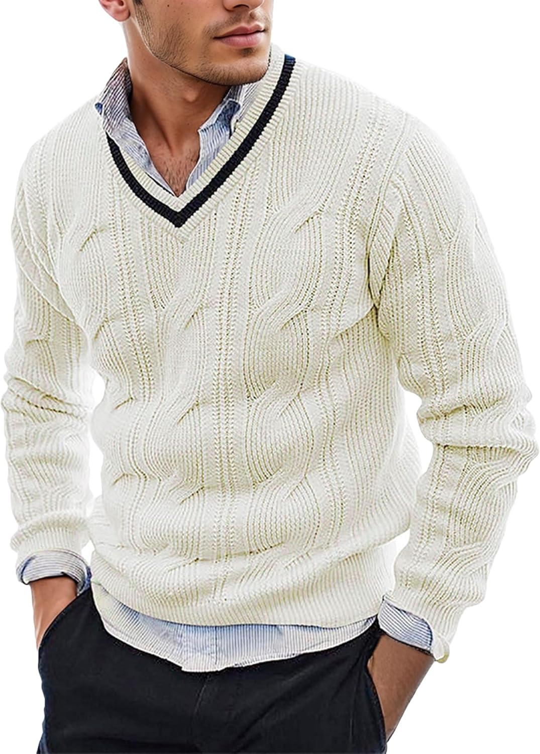 AIEOE Men's Knitted Sweater V-Neck Slim Fit Cable Knit Sweater