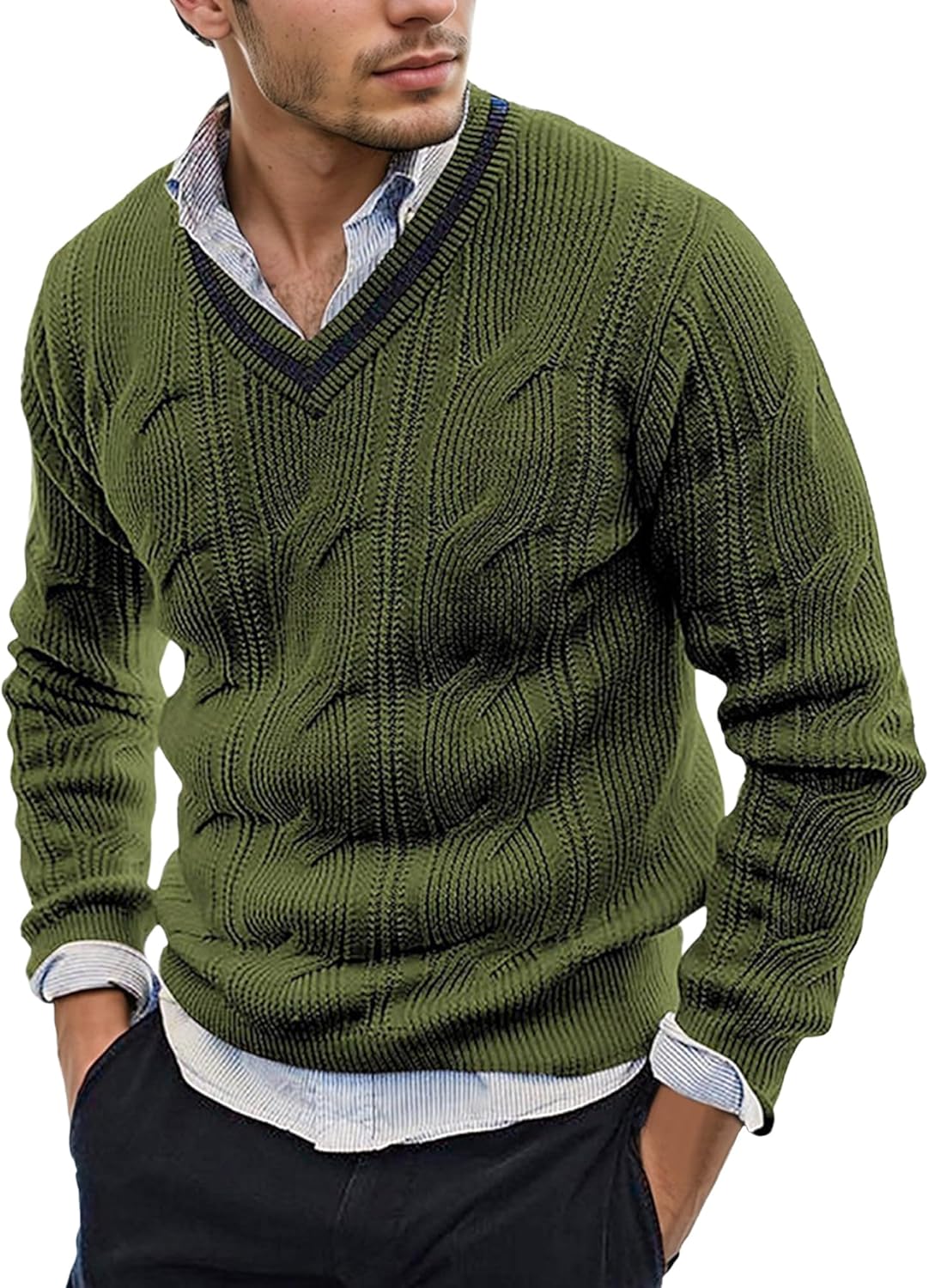 AIEOE Men's Knitted Sweater V-Neck Slim Fit Cable Knit Sweater