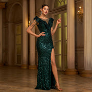 Round Neck Beads Banquet Sequined Slit Evening Dress Dress